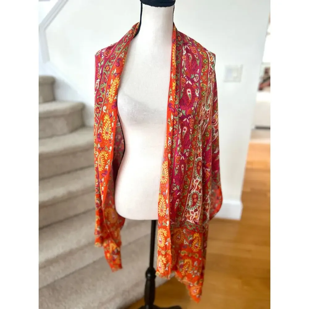 Orange Pink Green Paisley Print Shawl Wrap Scarf